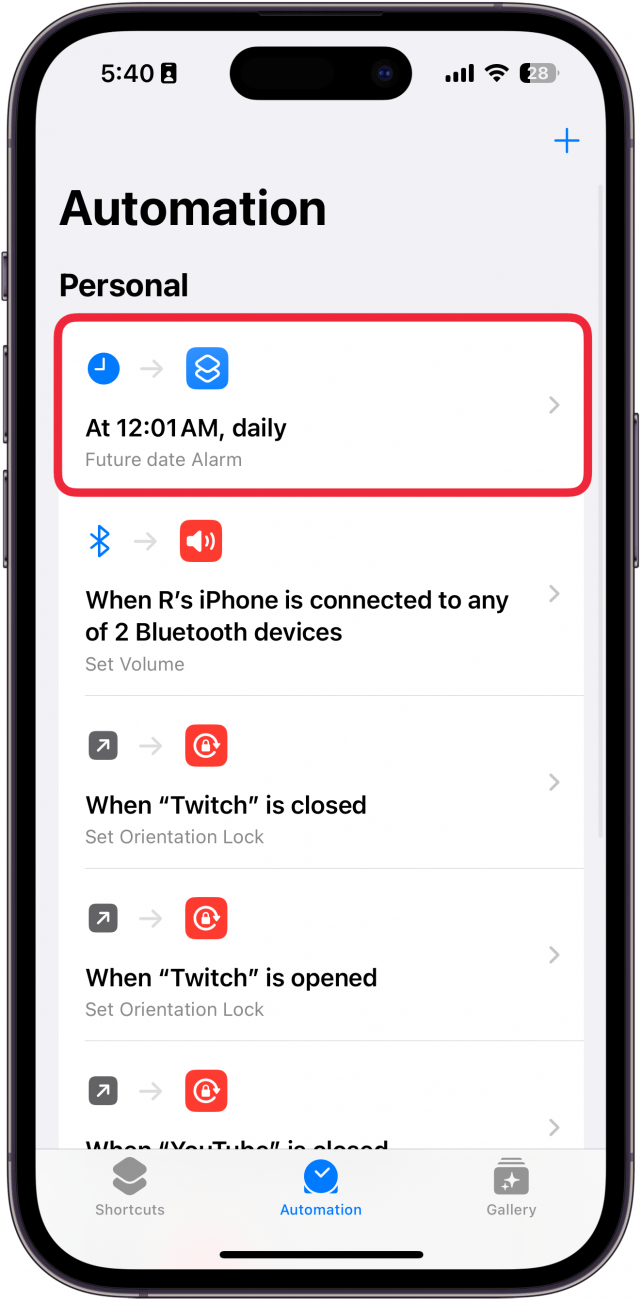 iphone shortcuts automation tab with a red box around newly created automation