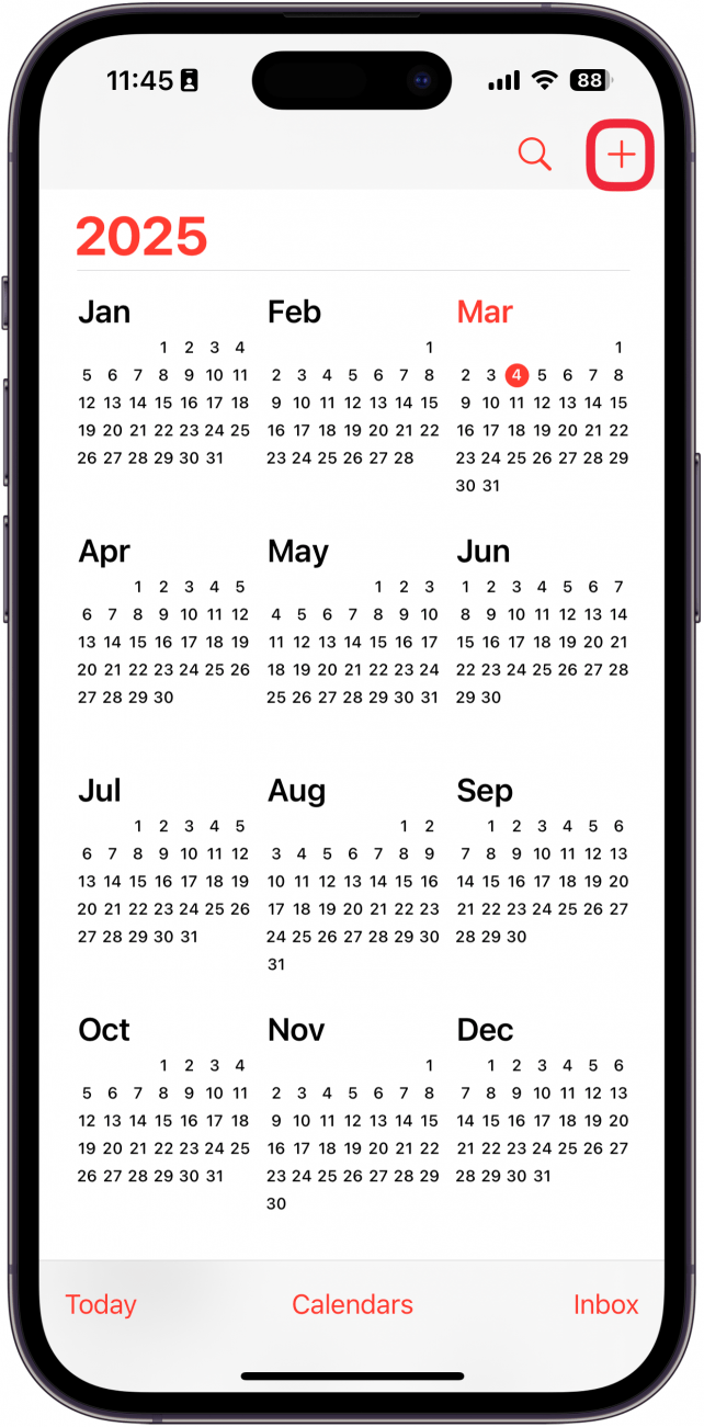 iphone calendar app with a red box around plus icon