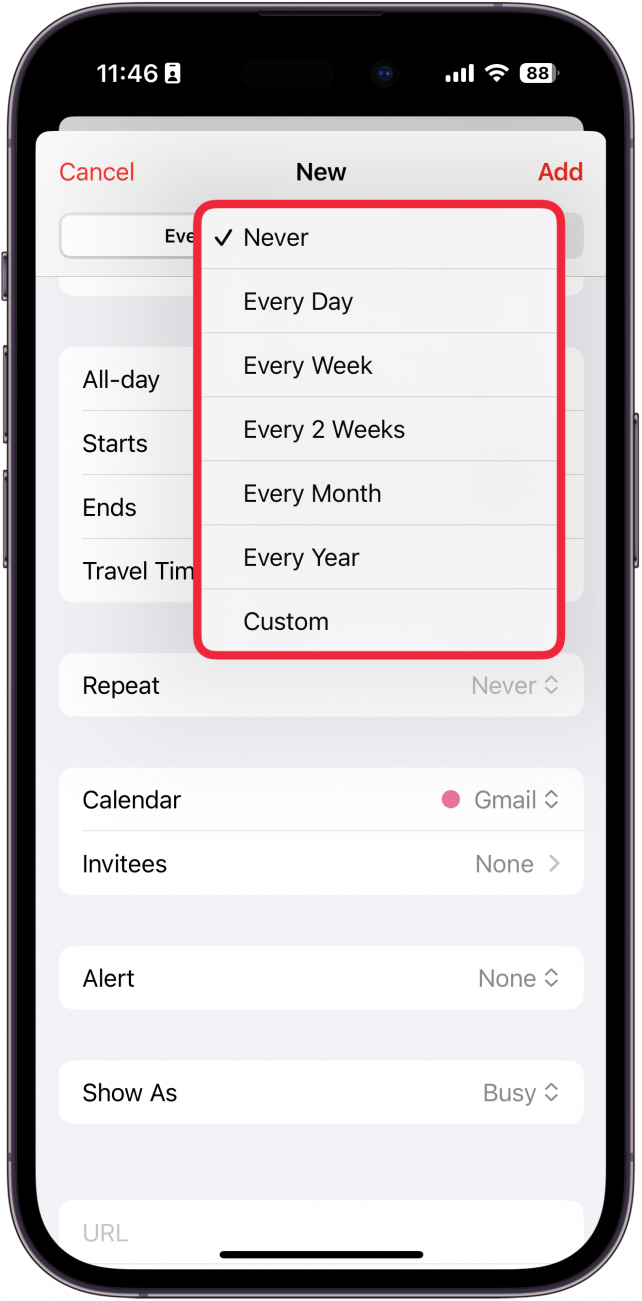 iphone calendar app new event screen with a red box around repeat options