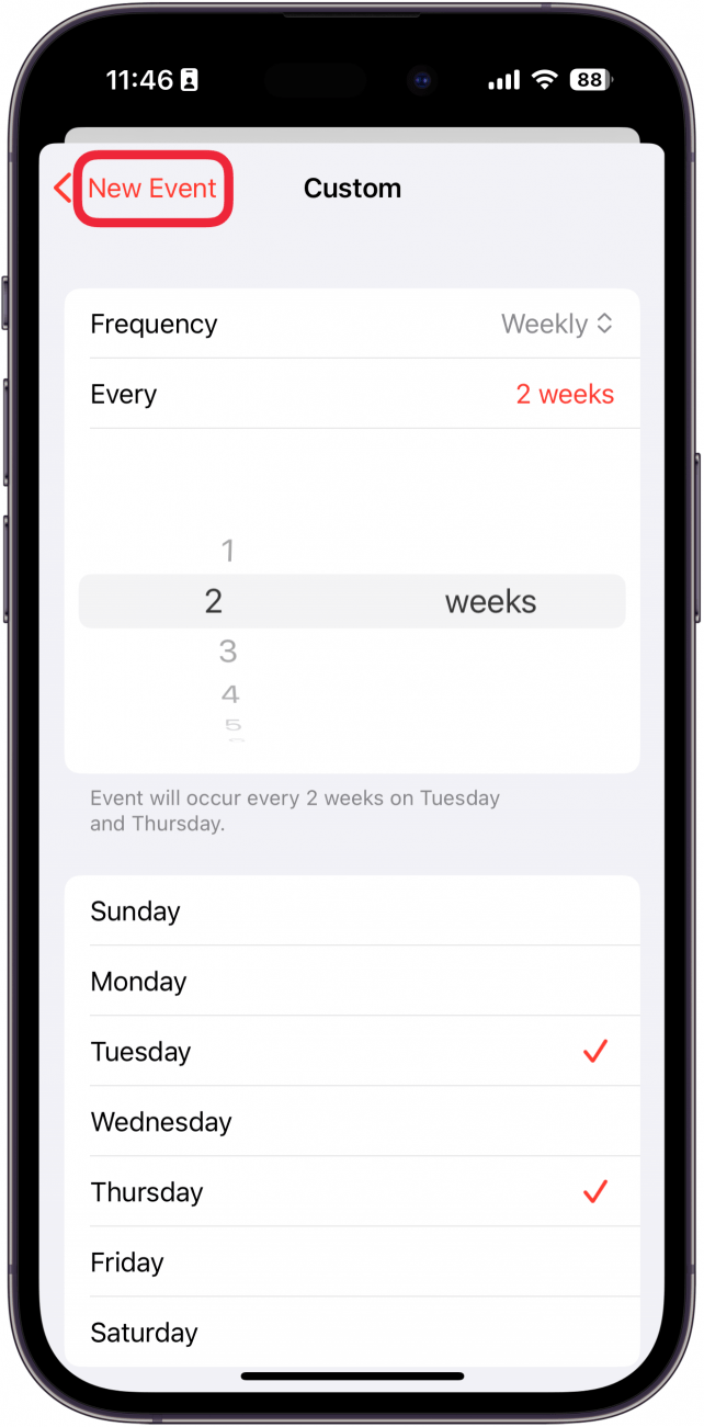 iphone calendar app repeat screen with a red box around new event button