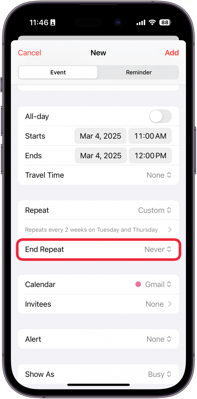 iphone calendar app new event screen with a red box around end repeat button