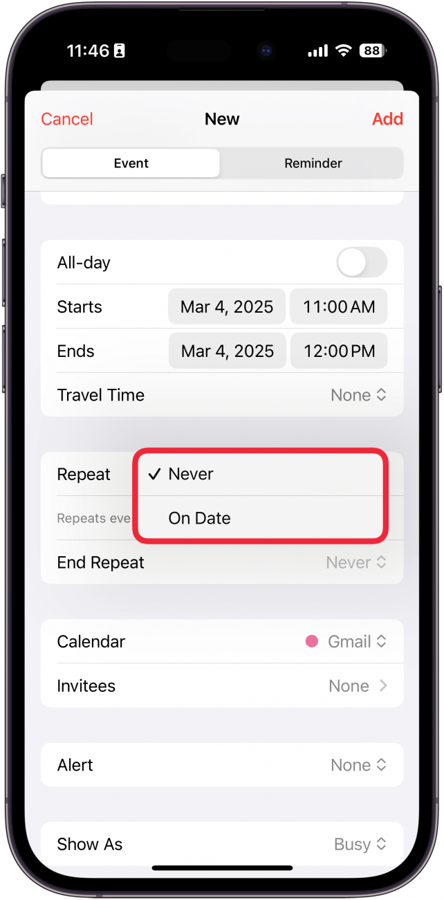 iphone calendar app new event screen with a red box around end repeat options for "never" and "on date"