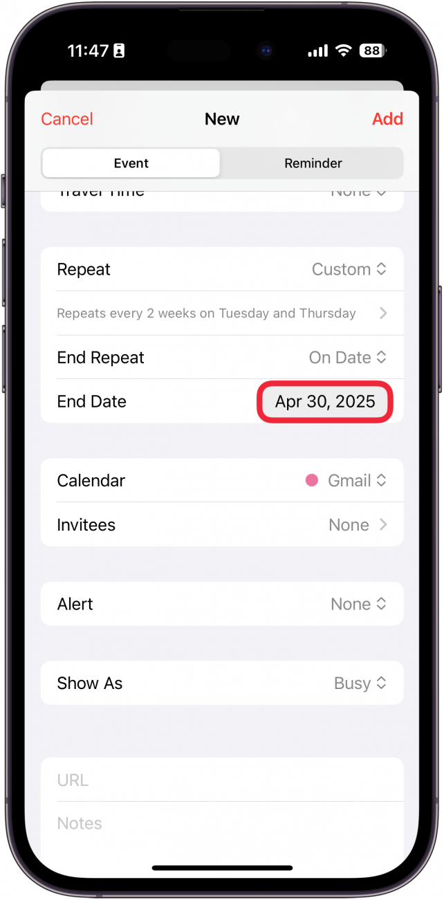 iphone calendar app new event screen with a red box around a date for when to end repeating the event