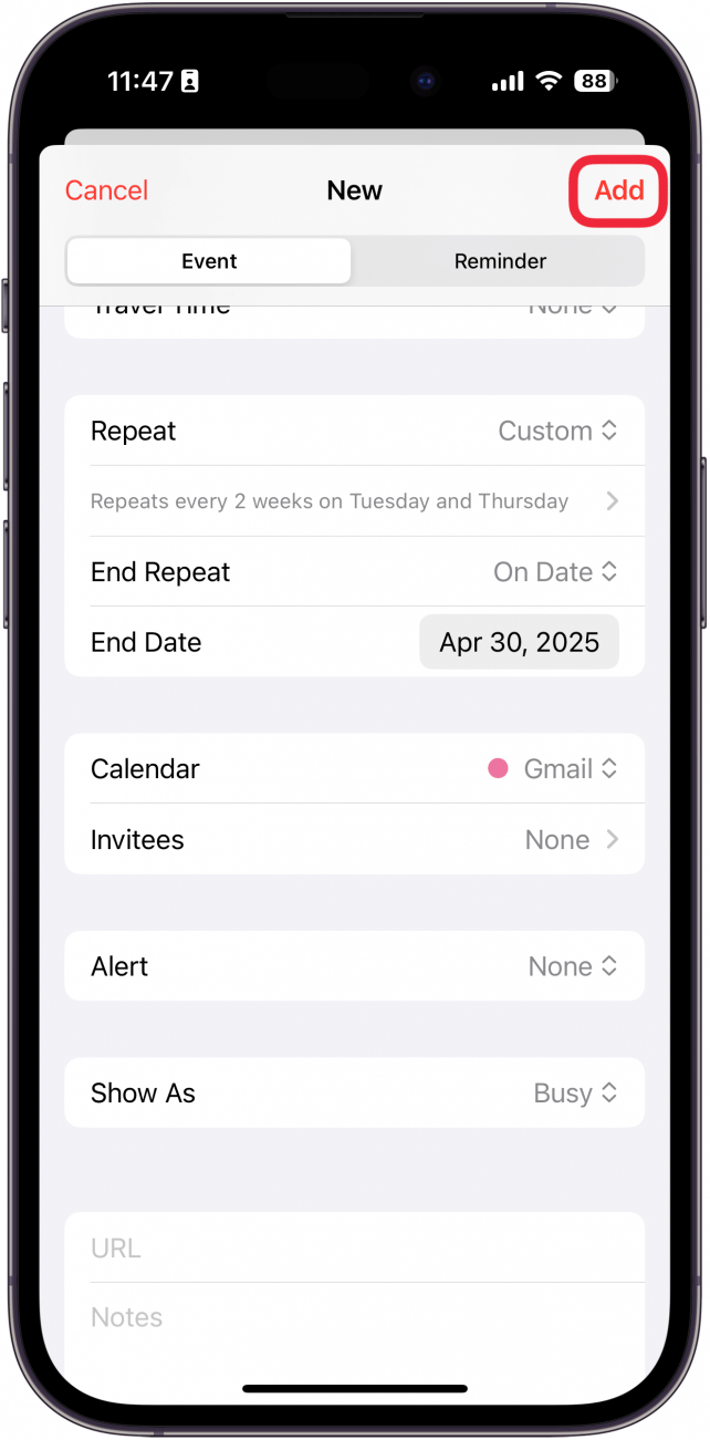 iphone calendar app new event screen with a red box around the add button