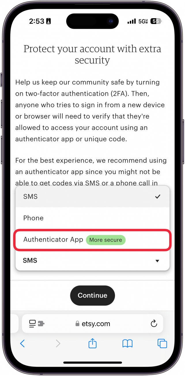 iphone safari displaying etsy multi factor authentication setup with an expanded dropdown and a red box around authenticator app