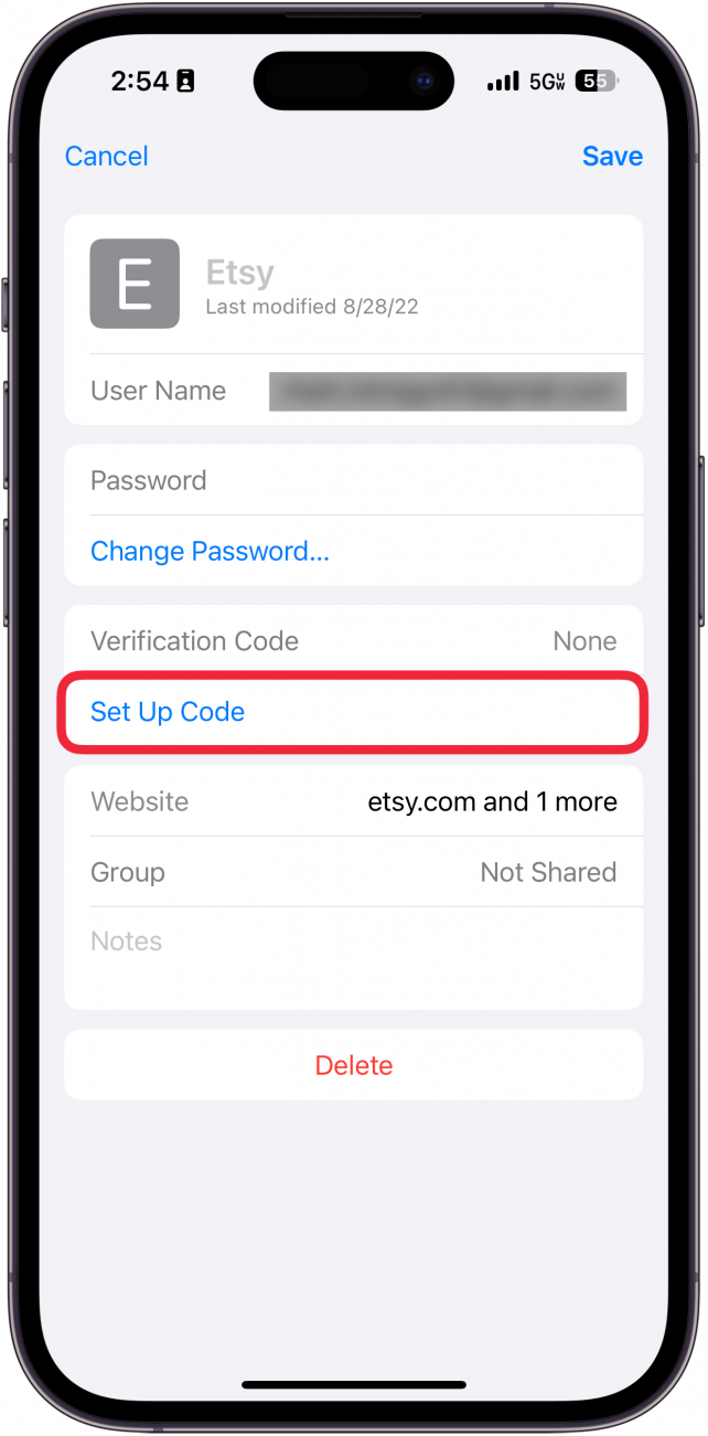 iphone passwords screen displaying etsy account information with set up code button circled in red