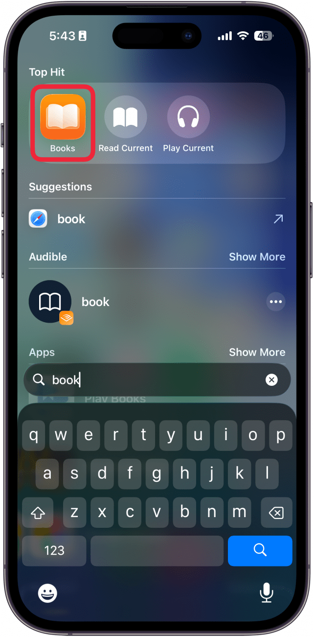 a screenshot of iphone spotlight search with books app search result circled in red