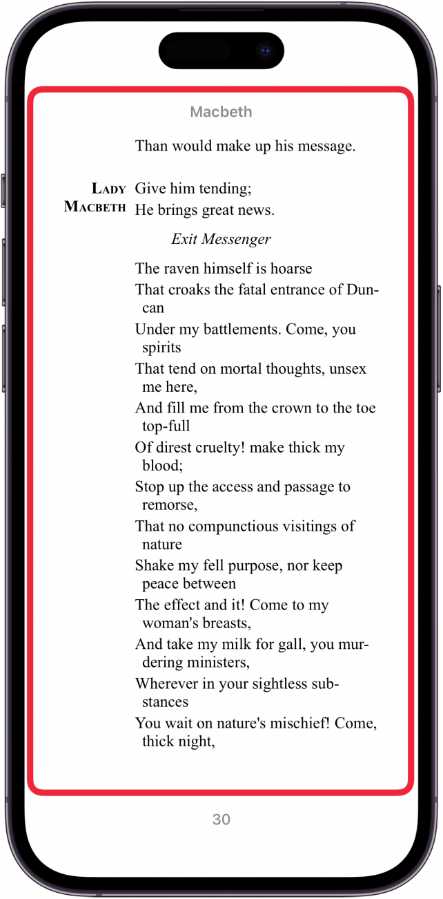 a screenshot of MacBeth in Apple books with a red outline indicating to tap the screen