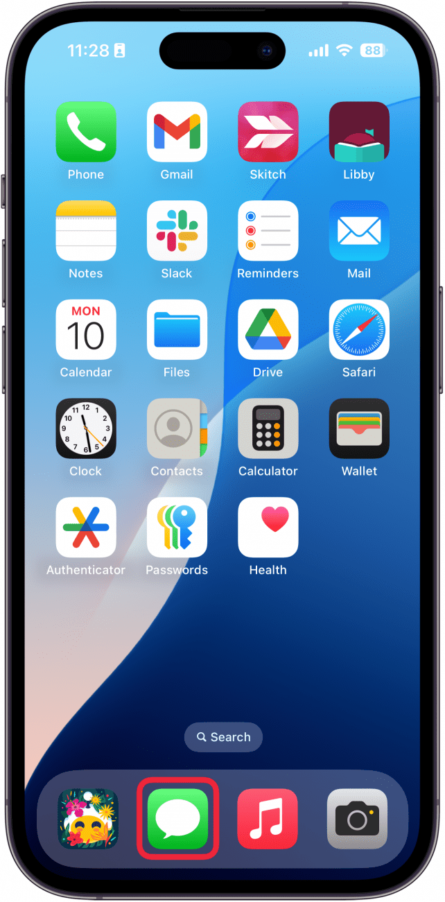 iphone home screen with a red box around the messages app