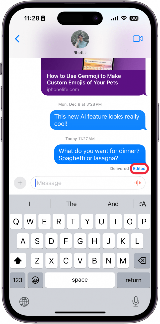 iphone messages app with a red box around edited button