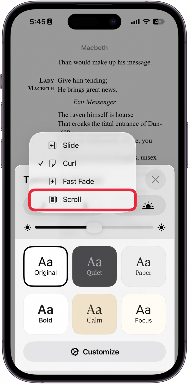 a screenshot of apple books themes and settings menu with scroll circled in red