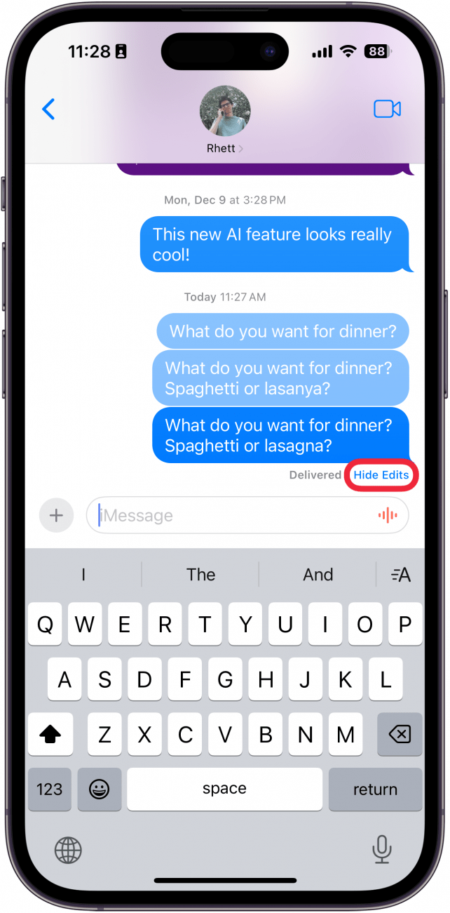 iphone messages app displaying edit history of a message with a red box around hide edits button