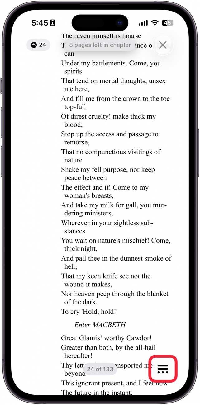 a screenshot of apple books with menu icon circled in red in the lower right