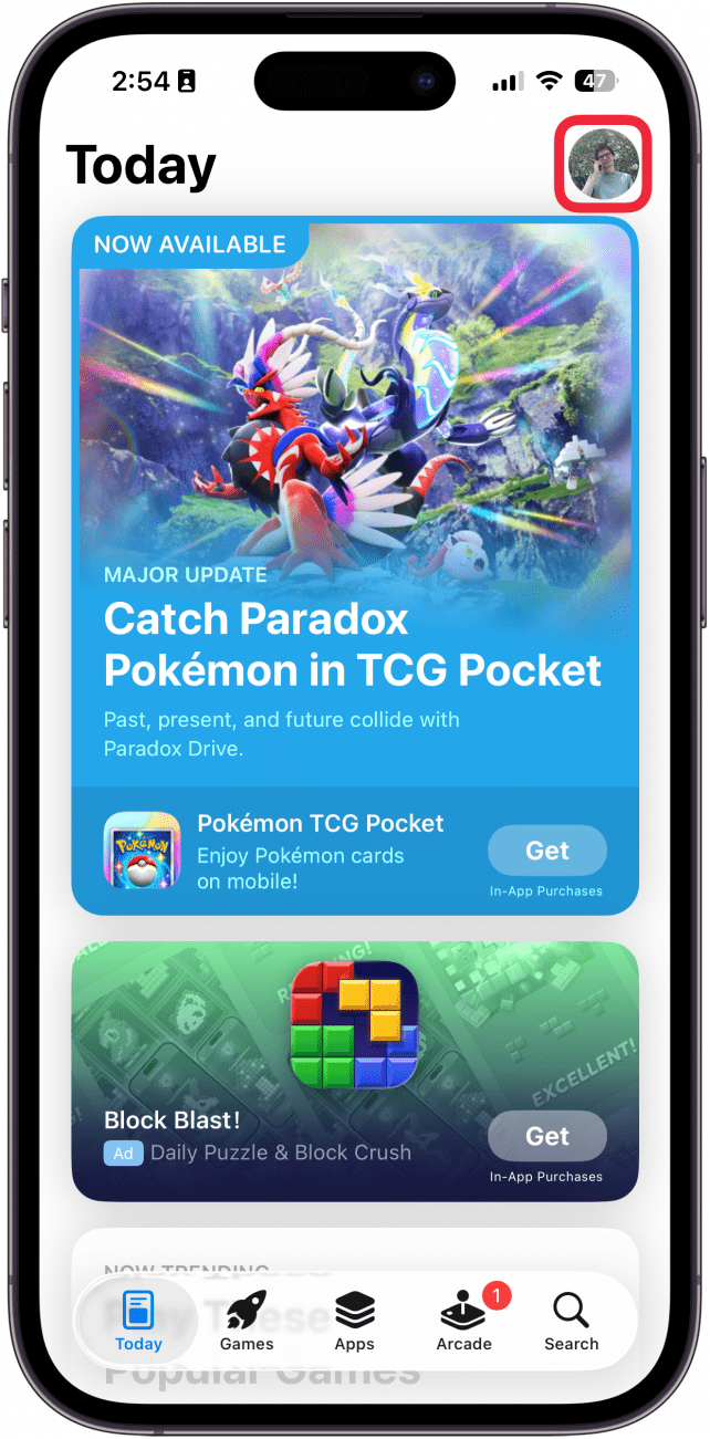 a screenshot of the app store on iphone with a red box around the profile icon
