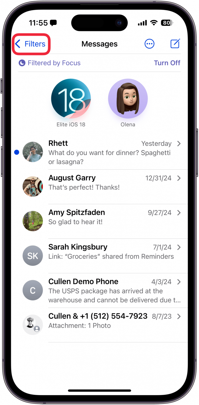 iphone messages app with a red box around filters button