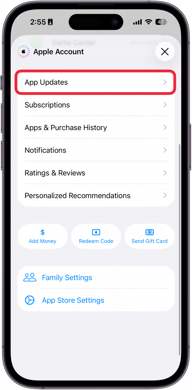 a screenshot of the app store on iphone displaying the profile menu with a red box around app updates