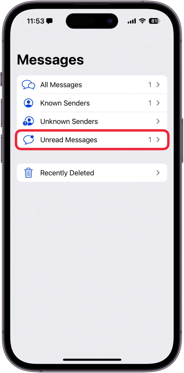iphone messages app filters screen with a red box around unread messages