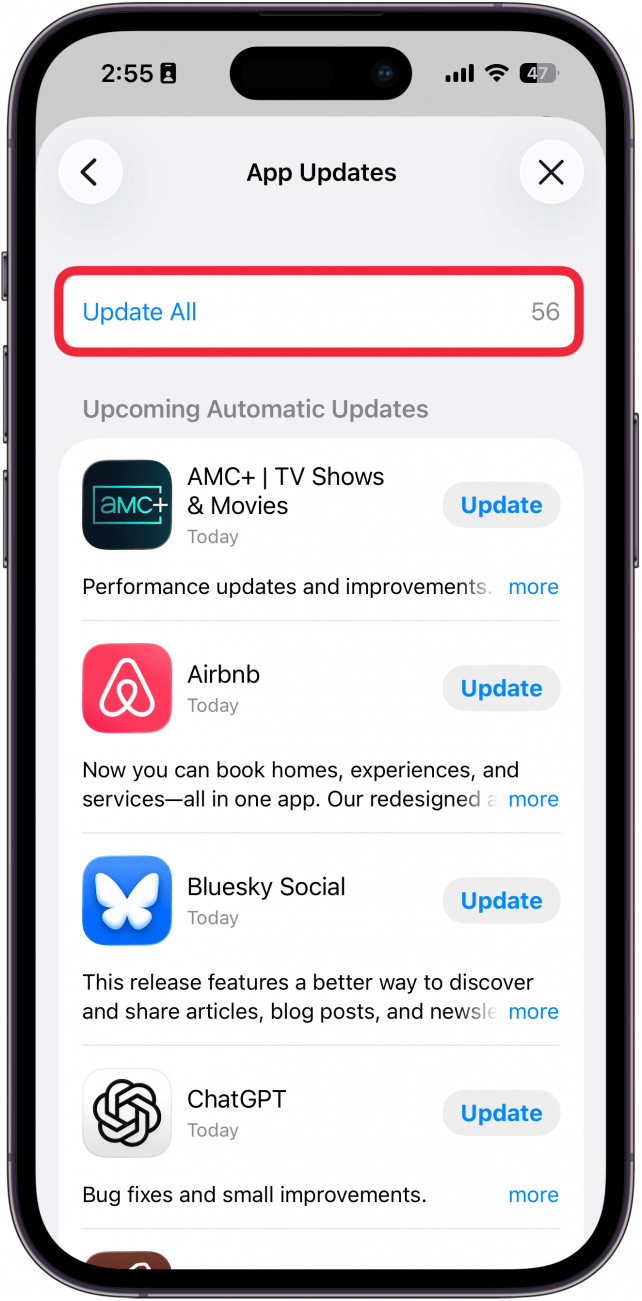 a screenshot of the app store on iphone displaying the app update screen with a red box around the update all button