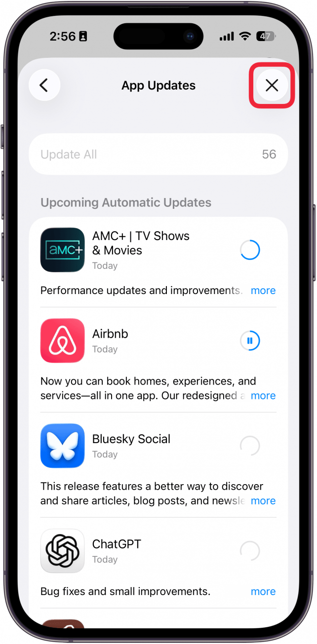 a screenshot of the app store on iphone displaying the app update screen with a red box around the x button