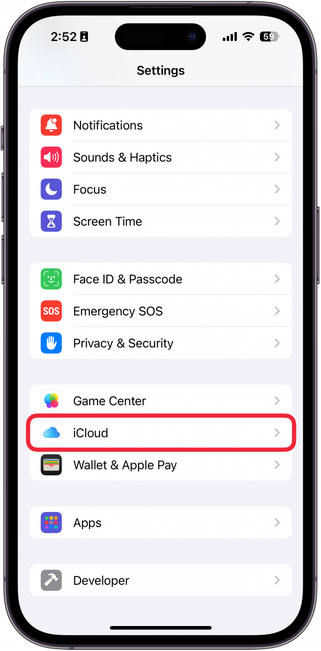 iphone settings app with a red box around icloud