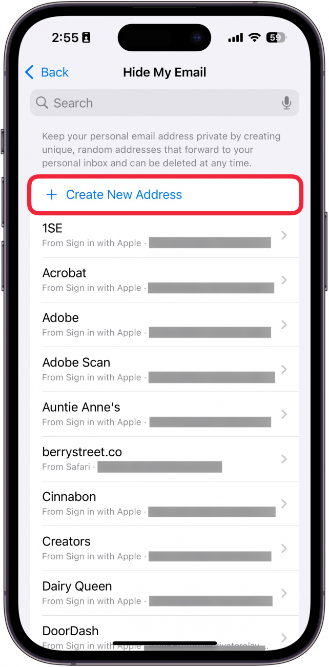 iphone hide my email with a red box around create new address
