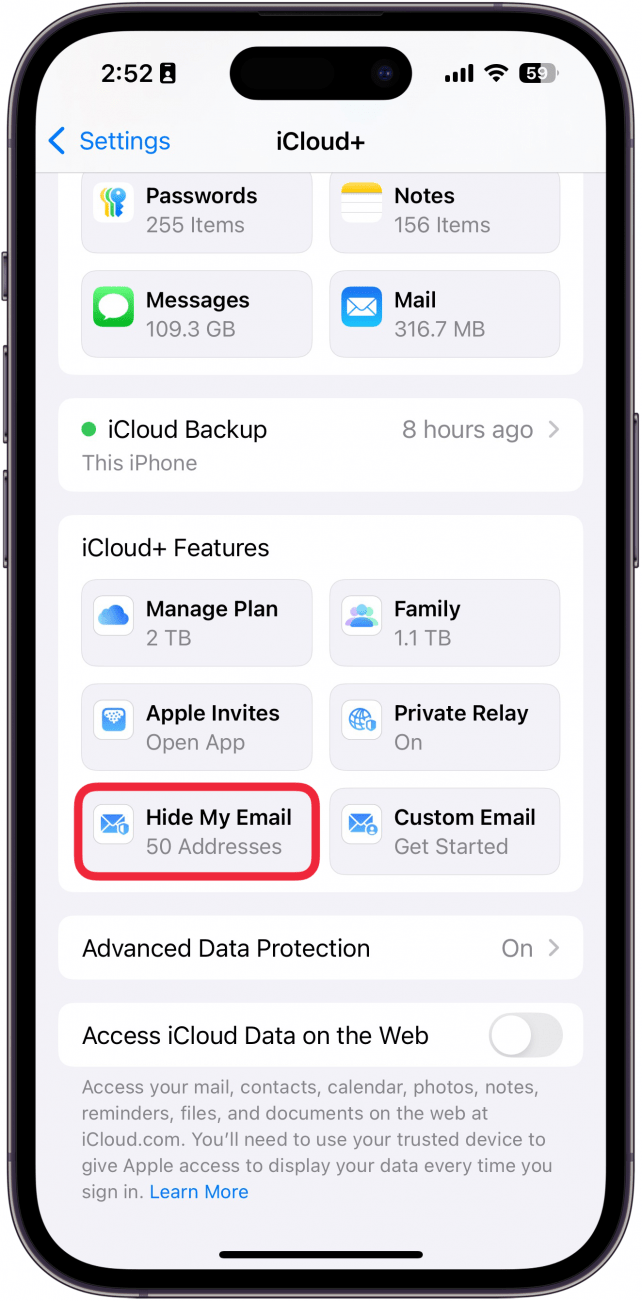 iphone icloud settings with a red box around hide my email