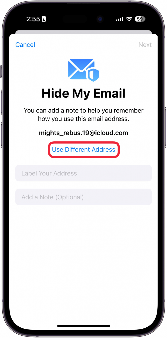 iphone hide my email create new address with a red box around use different address