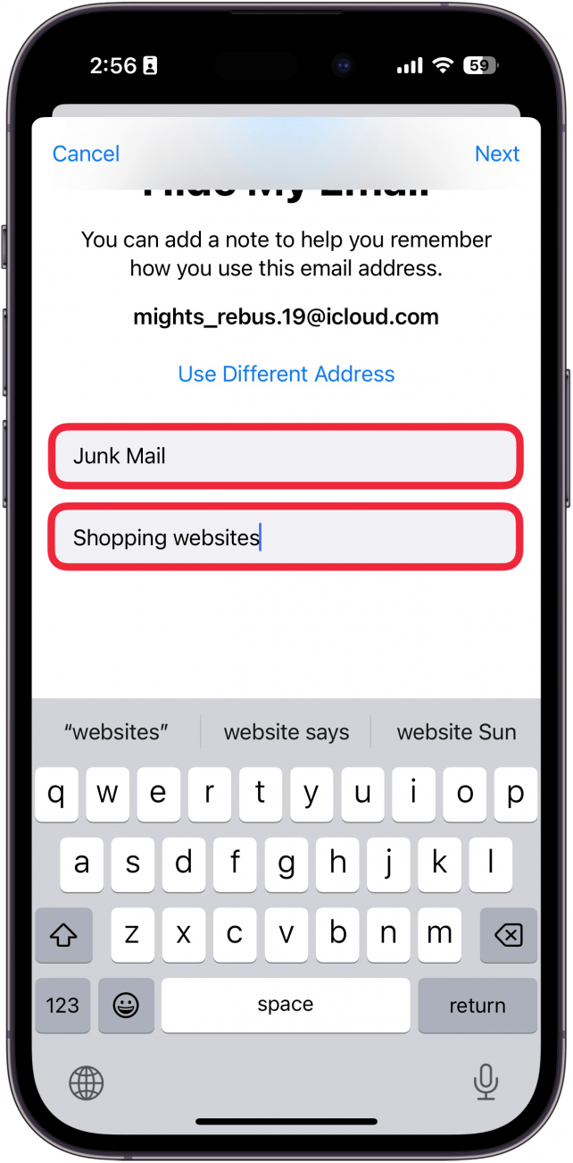 iphone hide my email create new address with red boxes around label and notes fields which have been filled in to read "junk mail" and "shopping websites"