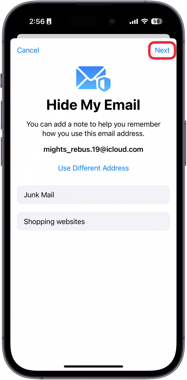 iphone hide my email create new address with a red box around next button