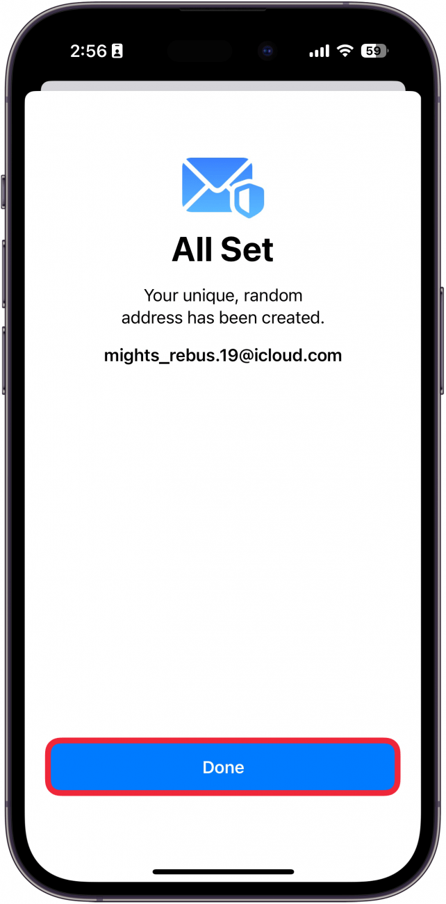 iphone hide my email create new address with a red box around done button