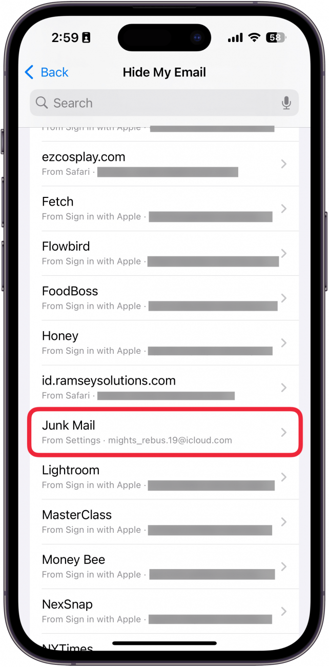 iphone hide my email address list with a red box around the email address labeled junk mail