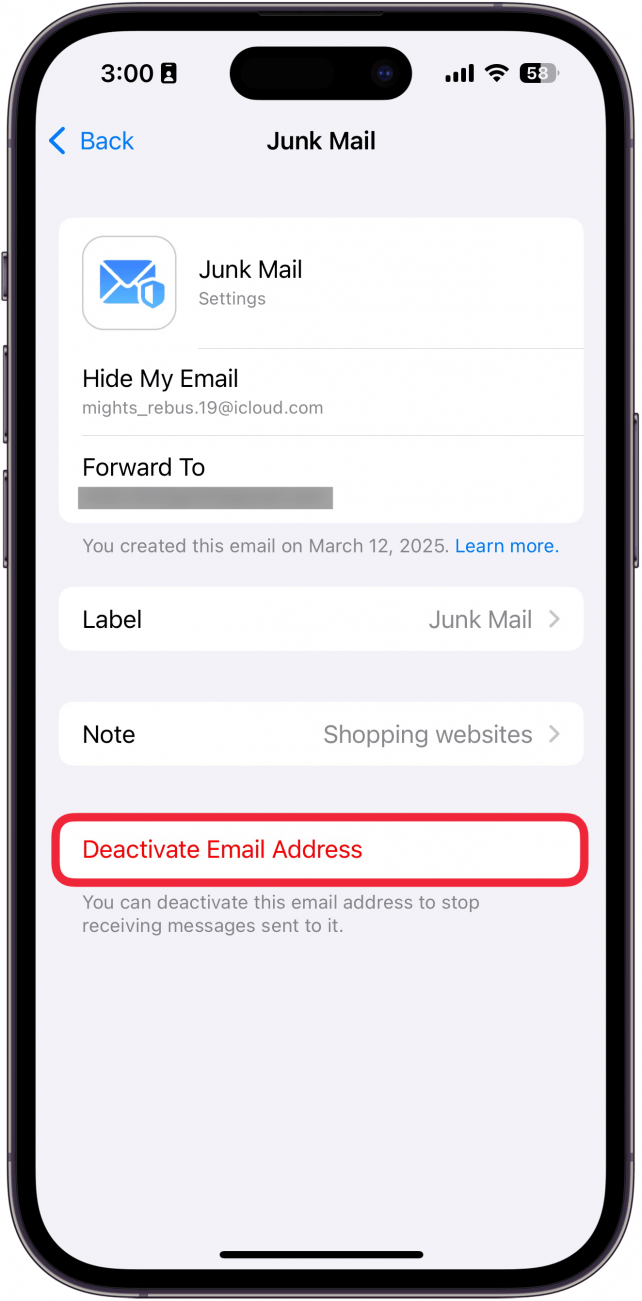 iphone hide my email address details screen with a red box around deactivate email address