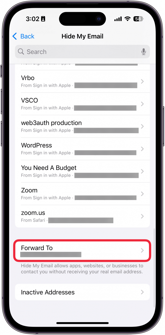 iphone hide my email address list with a red box around forward to