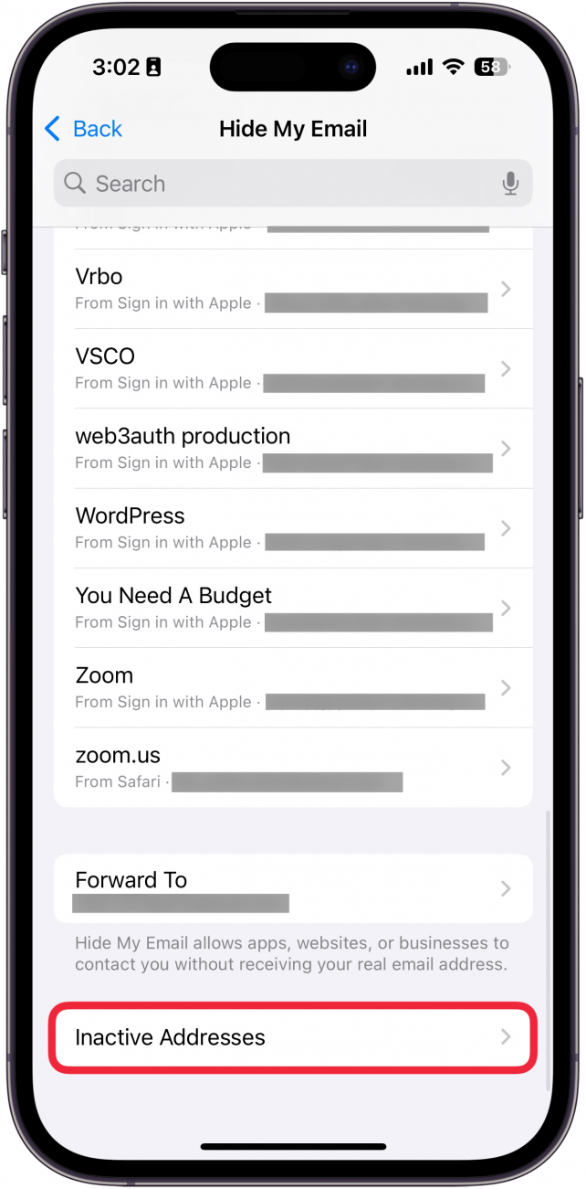 iphone hide my email address list with a red box around inactive addresses