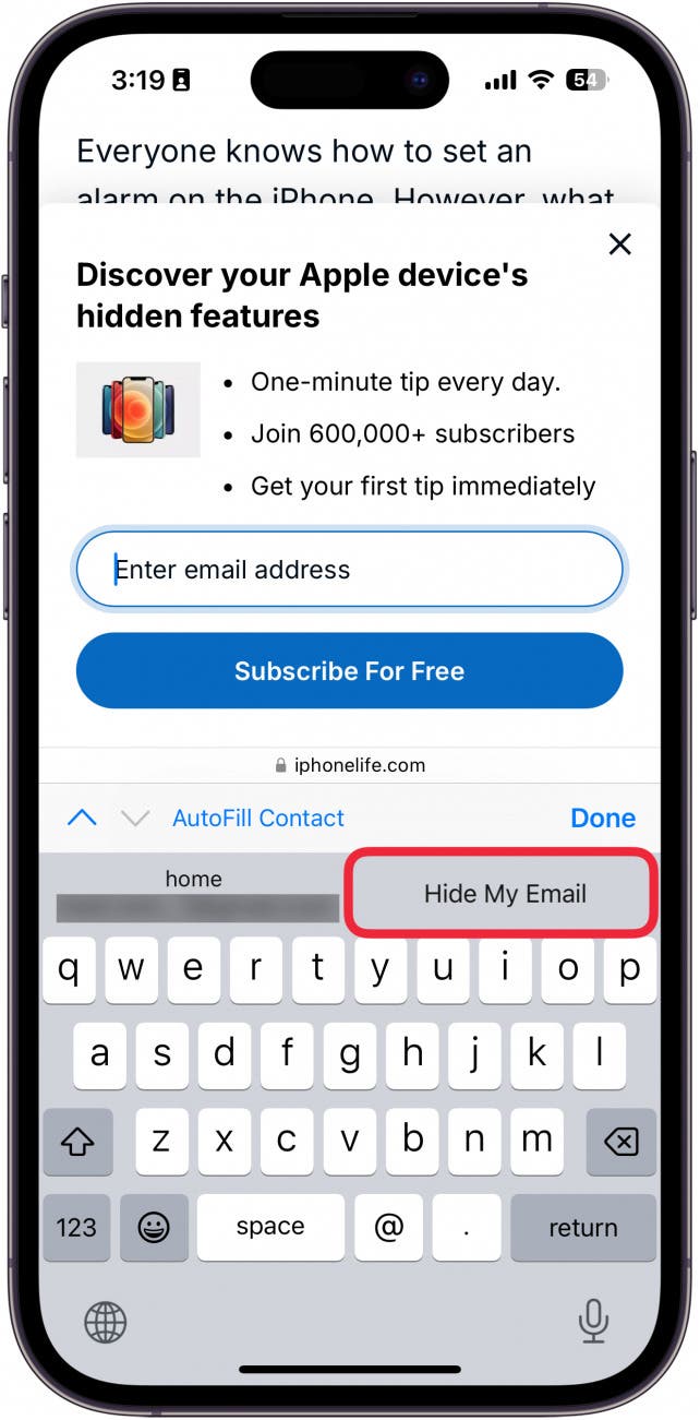 iphone safari displaying the iphone life website's free tip of the day sign up page with a red box around the hide my email button