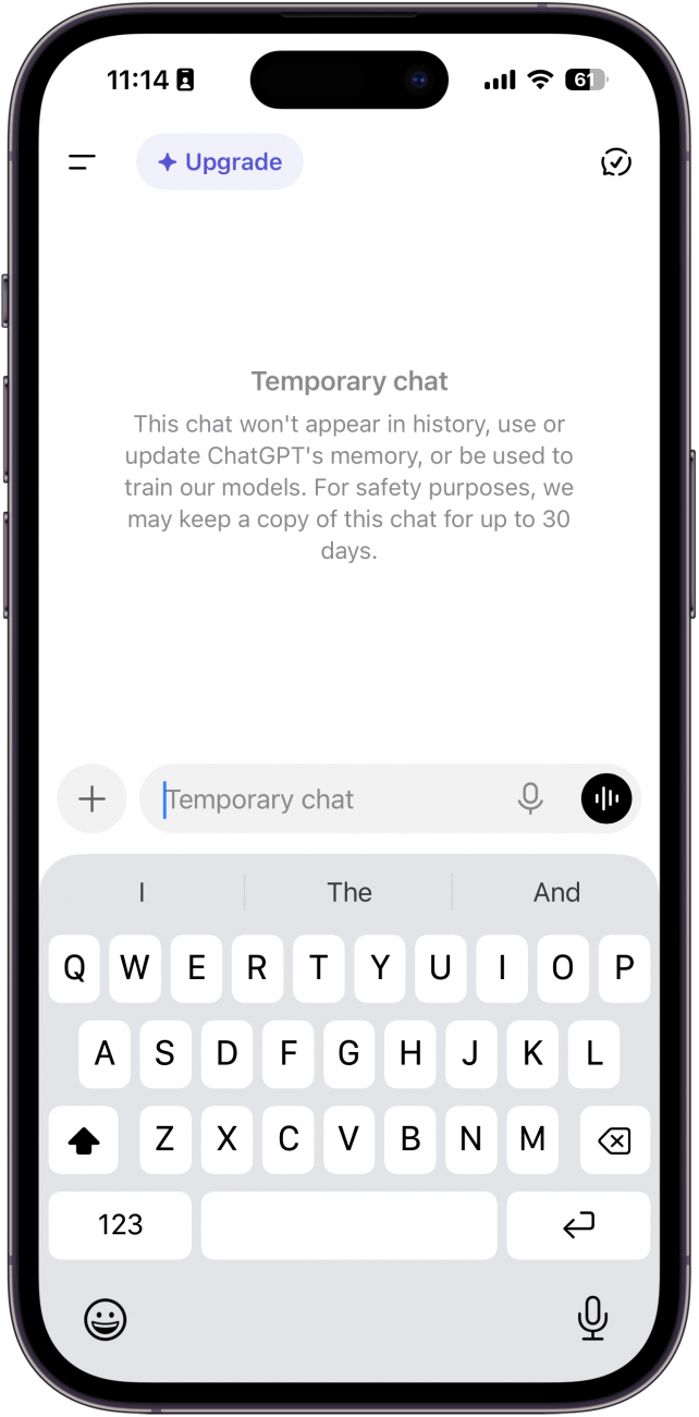 a screenshot of chatgpt on iphone with temporary chat enabled
