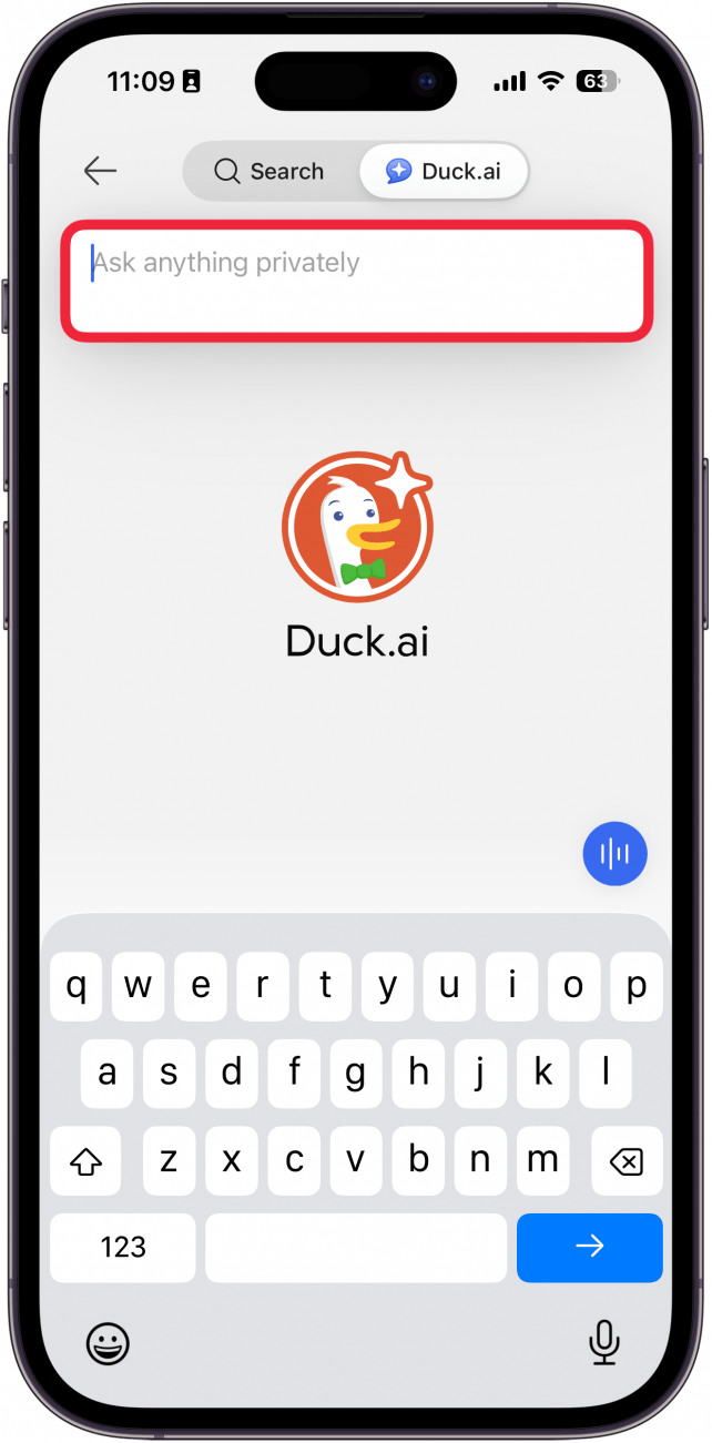 a screenshot of duckduckgo on iphone with a red box around a duck.ai prompt