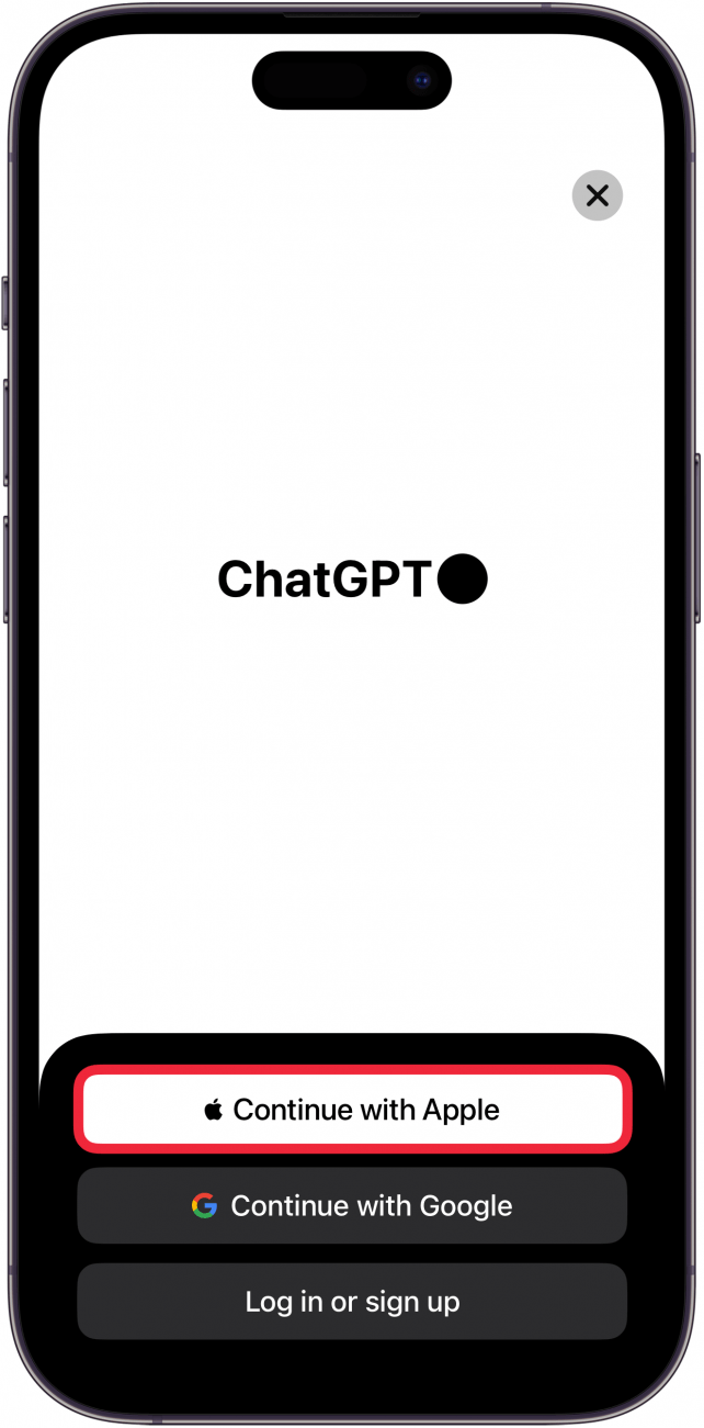a screenhot of chatgpt on iphone with a red box around the continue with apple button