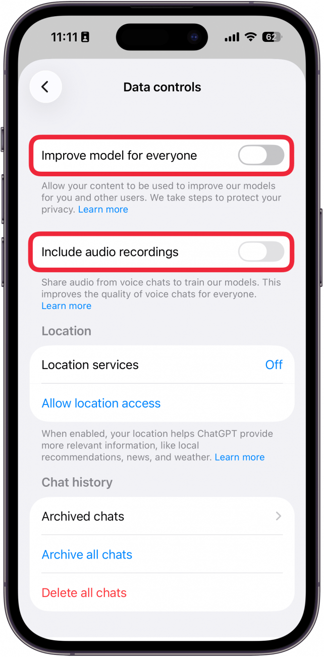 a screenshot of chatgpt settings on iphone with red boxes around toggles for improve model for everyone and include audio recordings