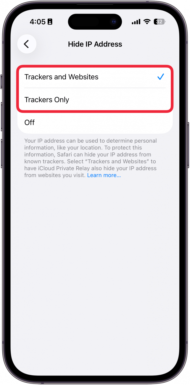 a screenshot of safari's hide ip settings on iphone with a red box around the trackers and websites option and the trackers only option