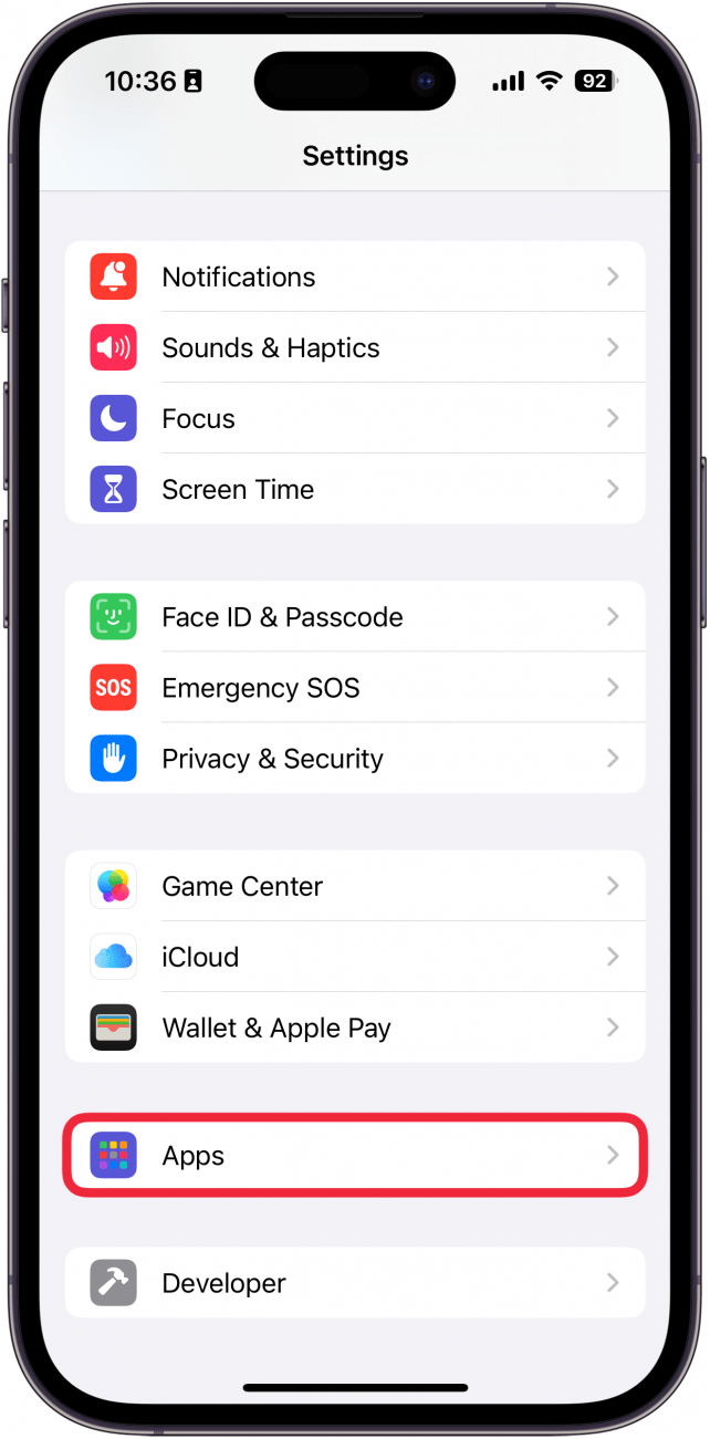 iphone settings app with a red box around apps