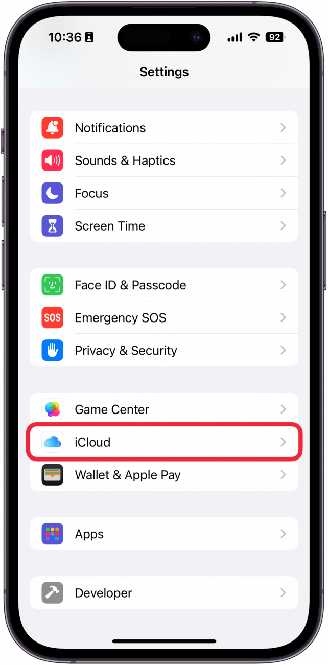 iphone settings app with a red box around icloud