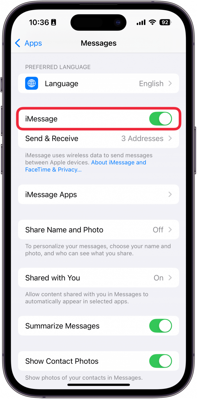 iphone messages app settings with a red box around imessage toggle