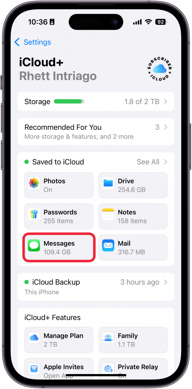 iphone icloud settings with a red box around messages