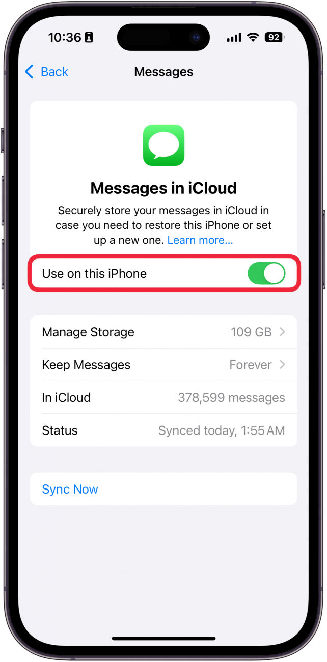 iphone messages in icloud settings with a red box around use on this iphone toggle