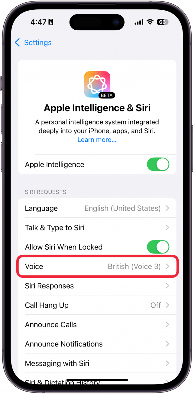 iphone siri settings with a red box around voice