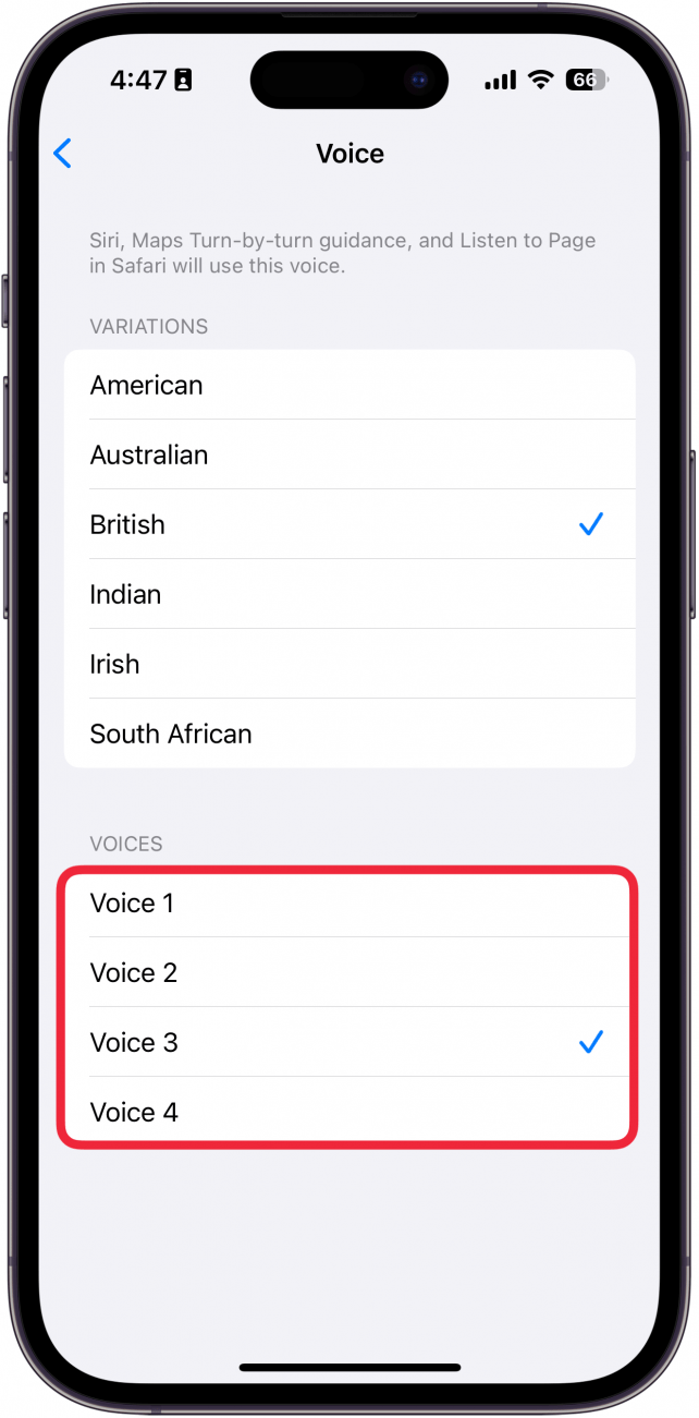 iphone siri voice settings with a red box around voices