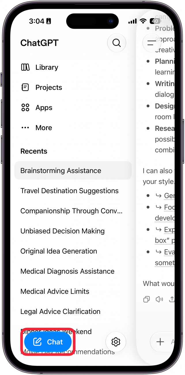 a screenshot of chatgpt on iphone with a red box around the new chat button