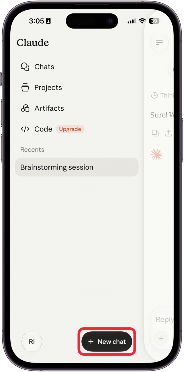 a screenshot of claude on iphone with a red box around the new chat button