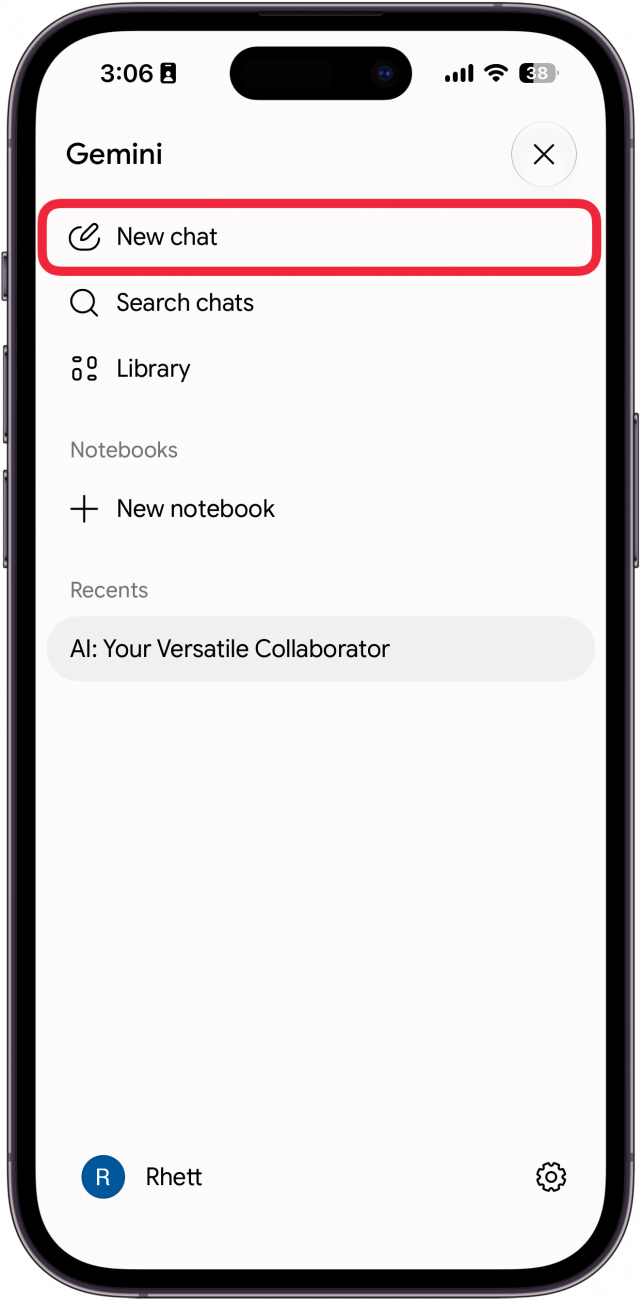 a screenshot of gemini on iphone with a red box around the new chat button